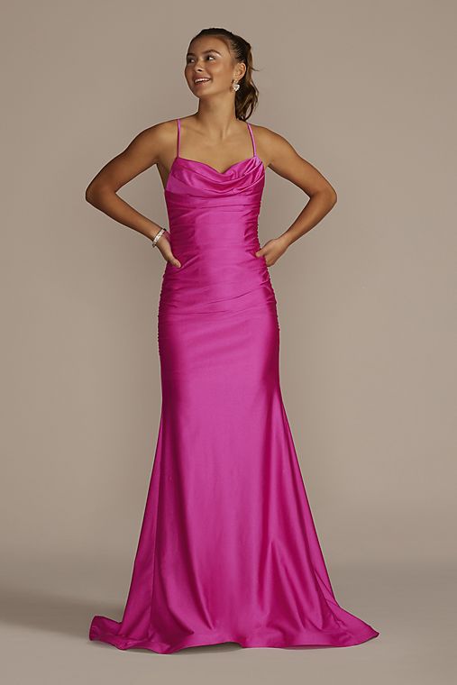 Jules and Cleo Cowl Neck Stretch Satin Mermaid Trumpet Dress